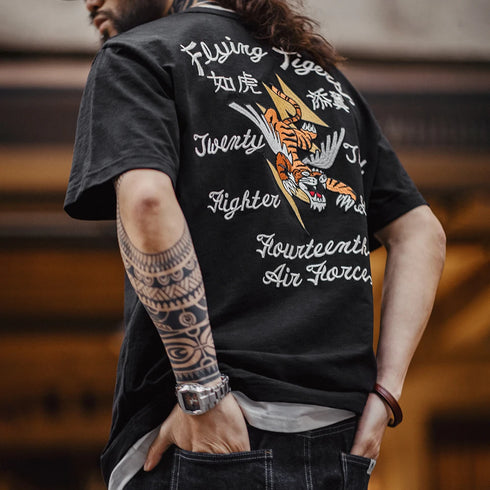 Retro Tiger Embroidered T-Shirt – Men’s 240g Bamboo Summer Tee